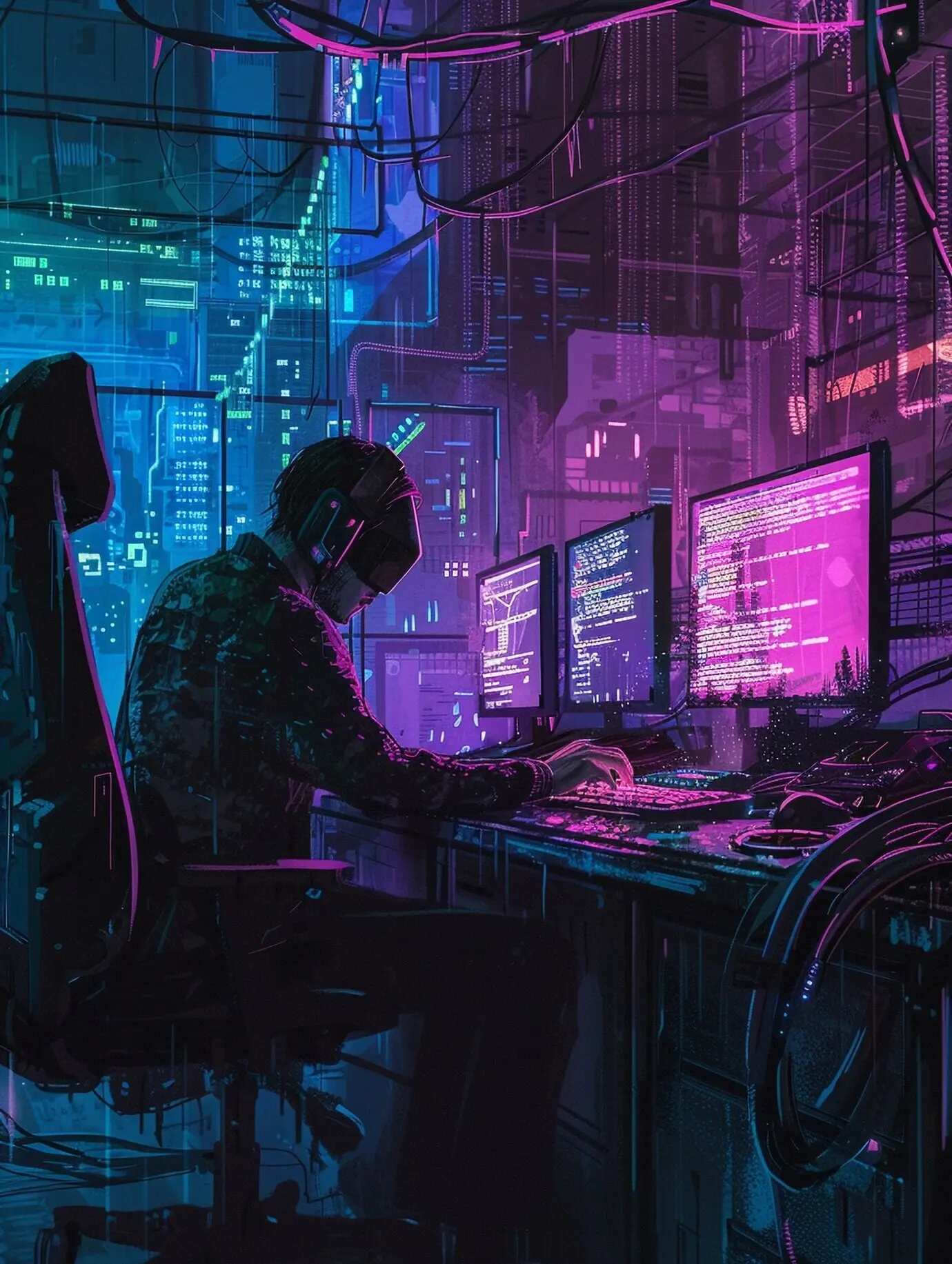 Специалист по кибербезопасности работает с технологиями при неоновом освещении.