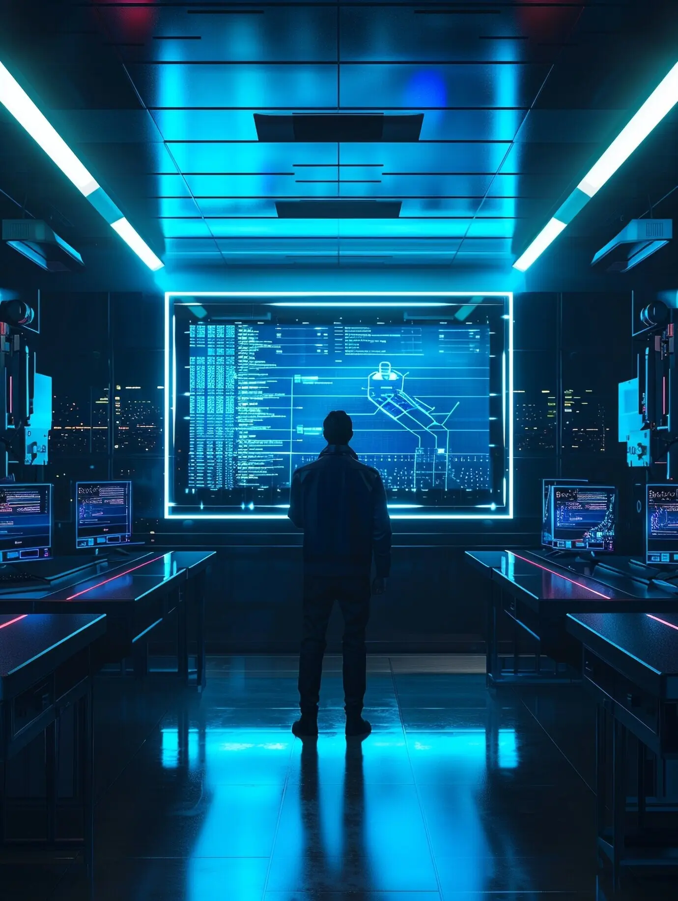 Эксперты по кибербезопасности, работающие с технологическими устройствами и неоновыми огнями